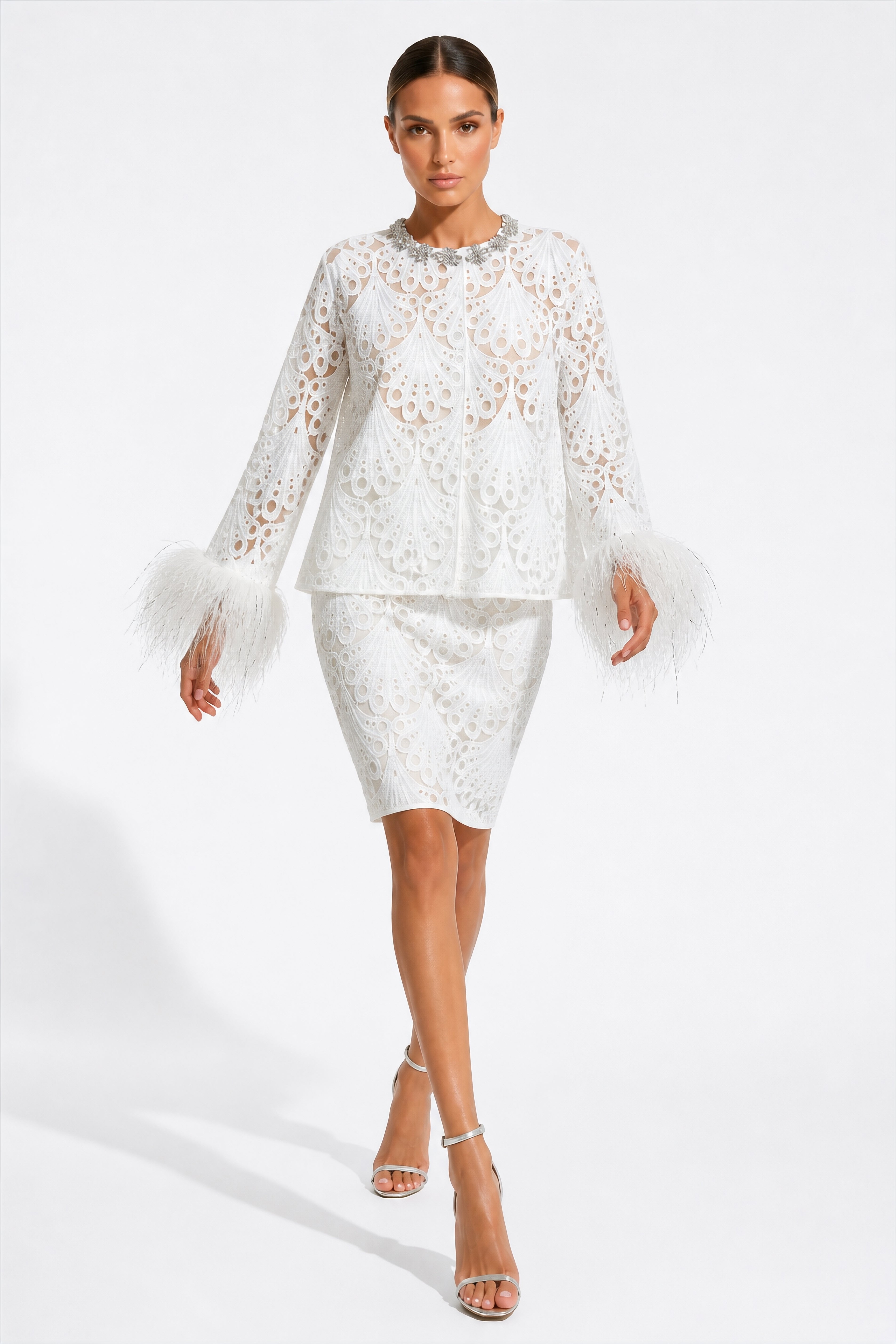 White Peacock Guipure Set