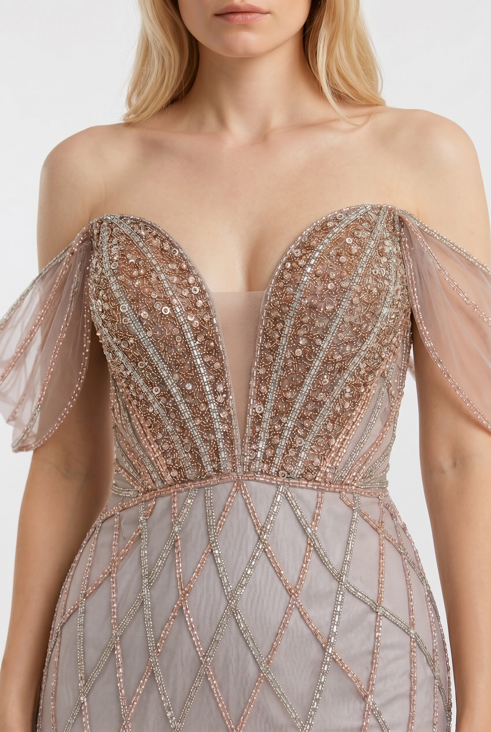 Off Shoulder Embellished Tulle Gown