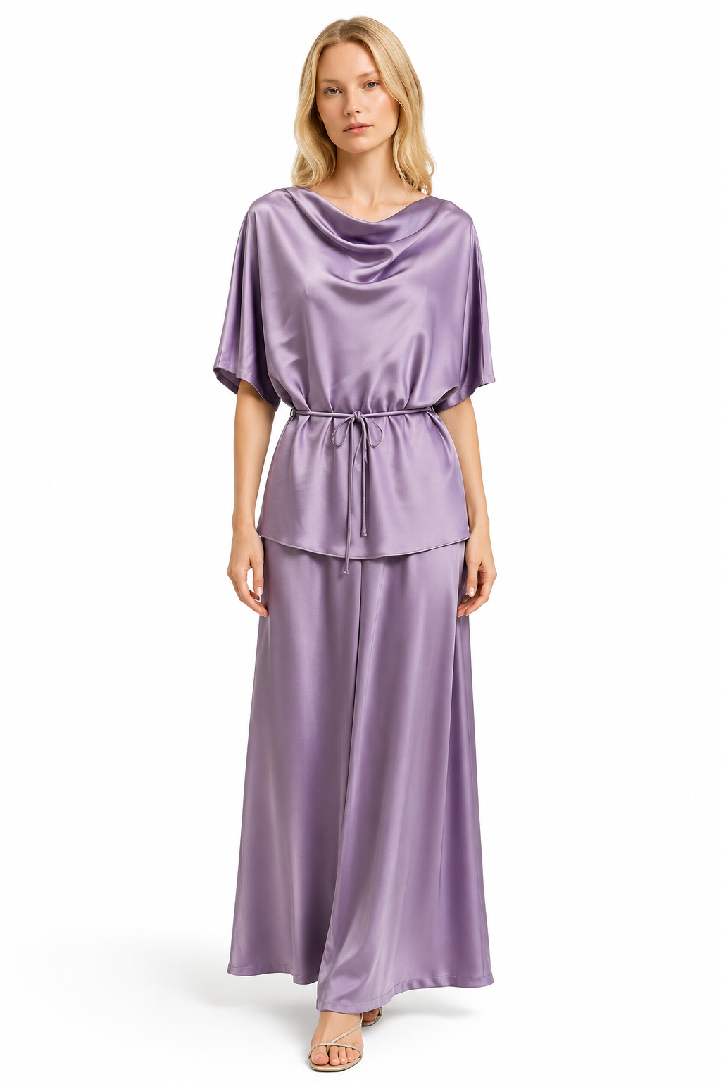 Silk Cowl-Neck Top & Wide-Leg Pant Set