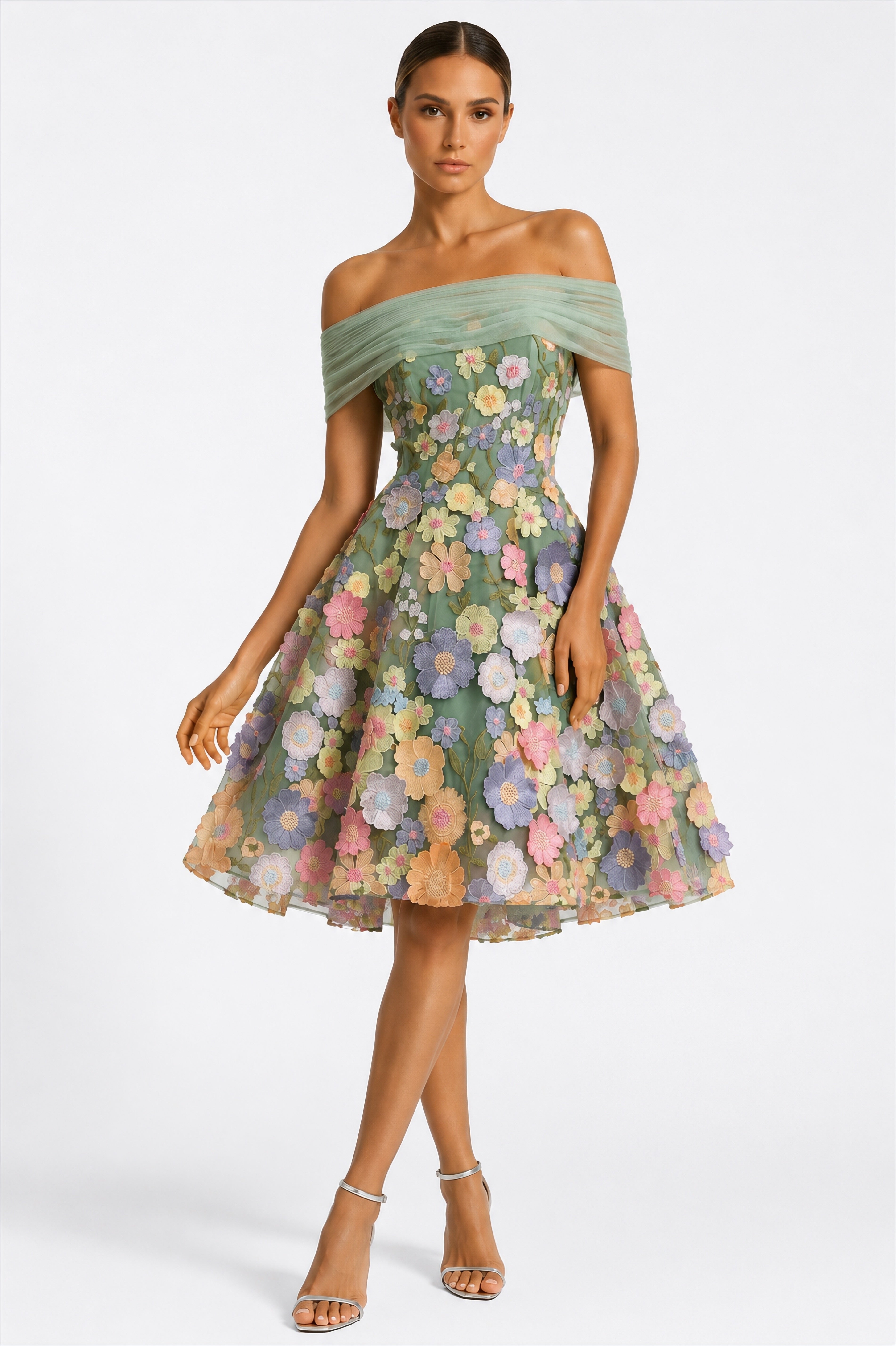 Pastel Bloom Off-Shoulder Dress