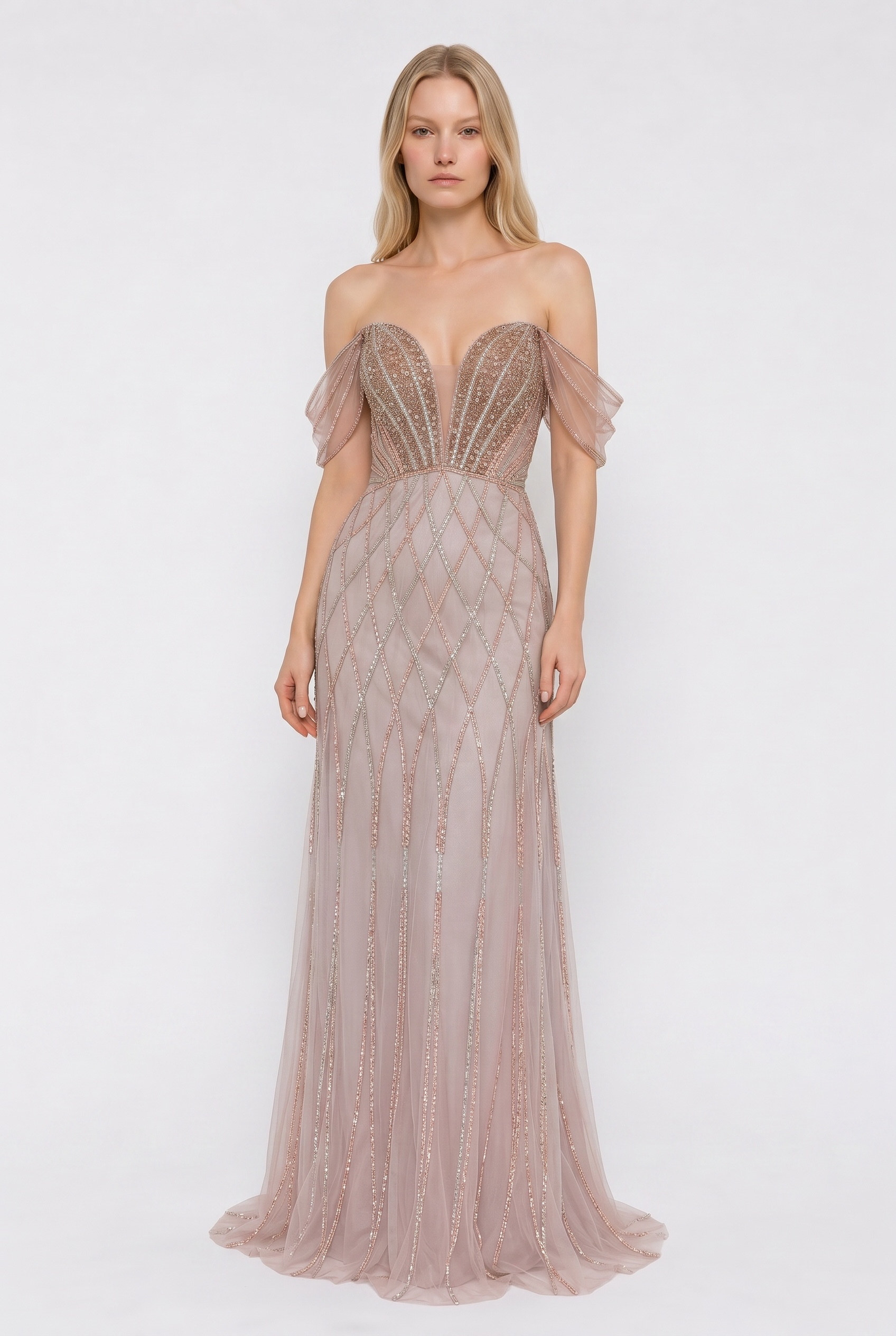 Off Shoulder Embellished Tulle Gown