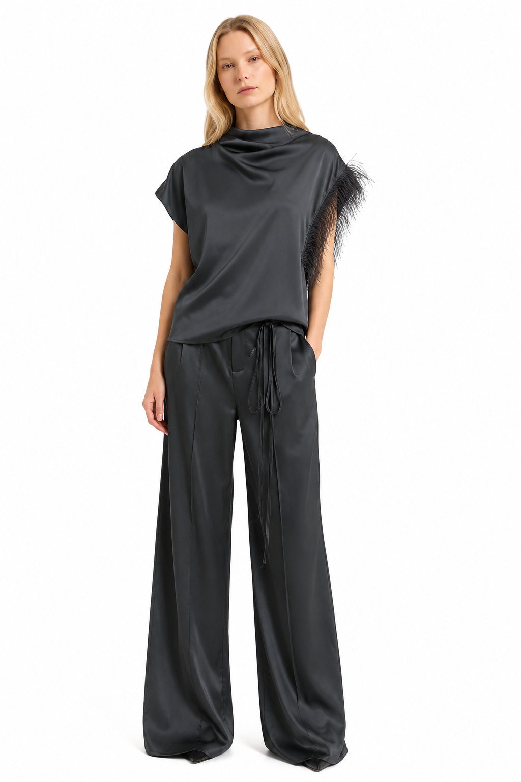 Feather-Trim Top & Wide-Leg Trouser Set