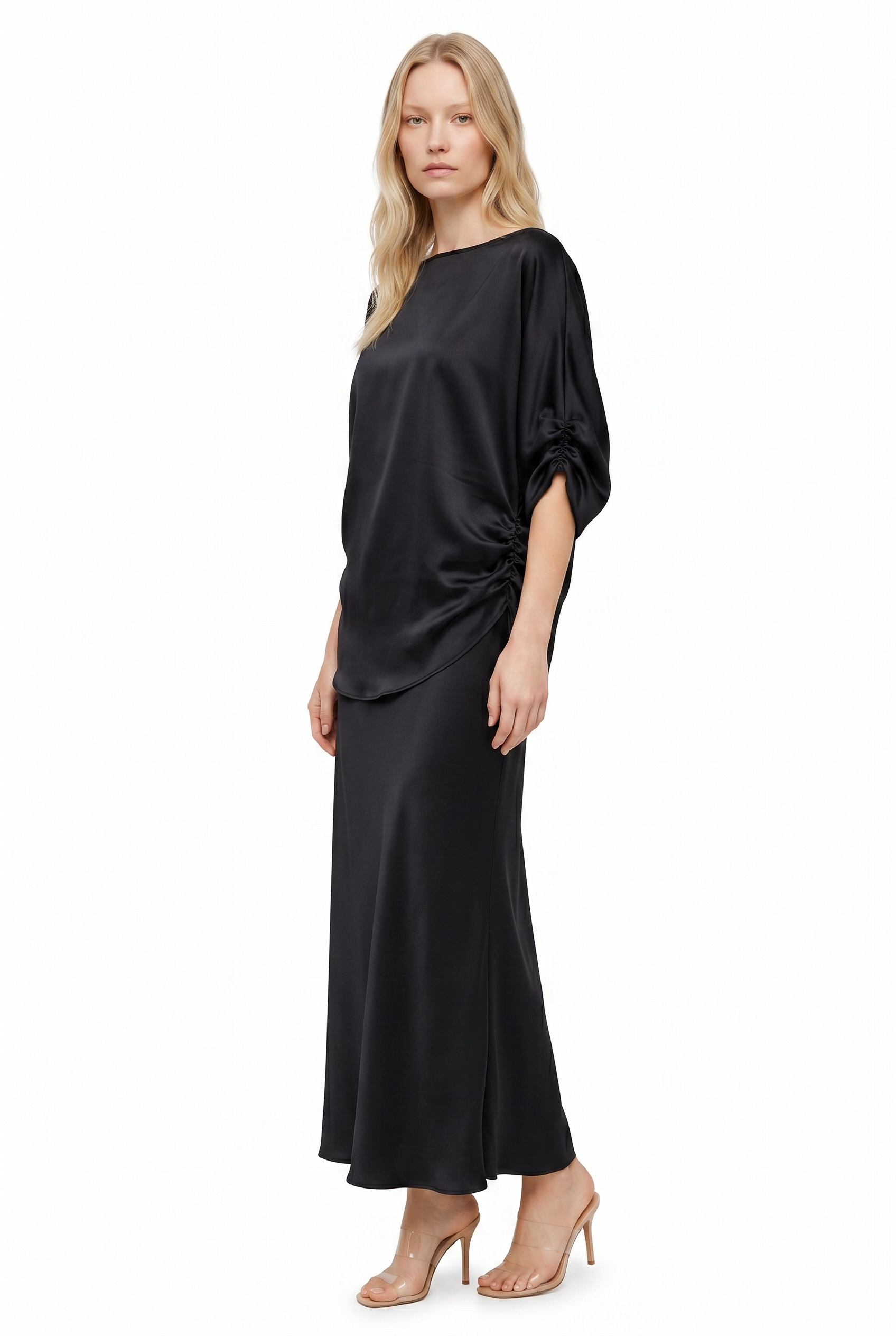 Silk Gathered Sleeve Top & Maxi Skirt Set