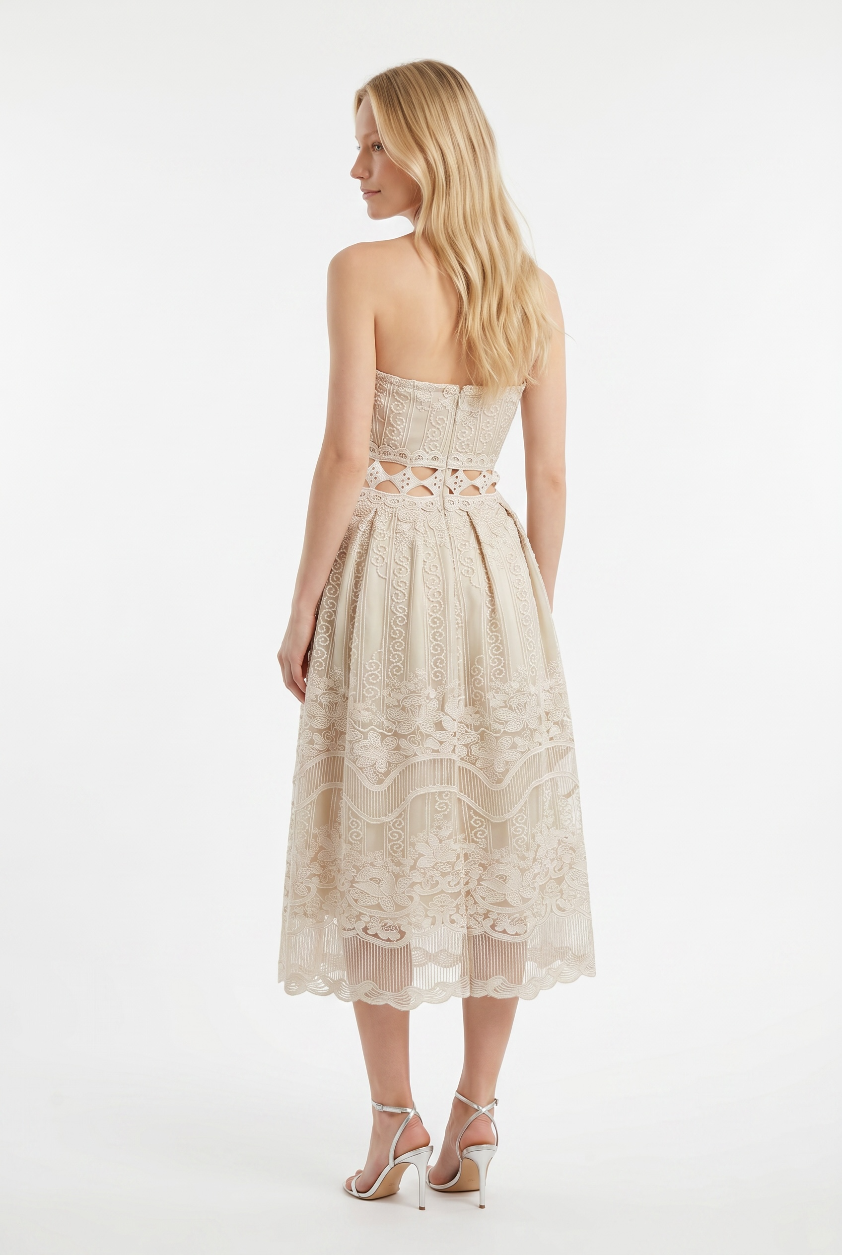Strapless Embroidered Lace Midi Dress