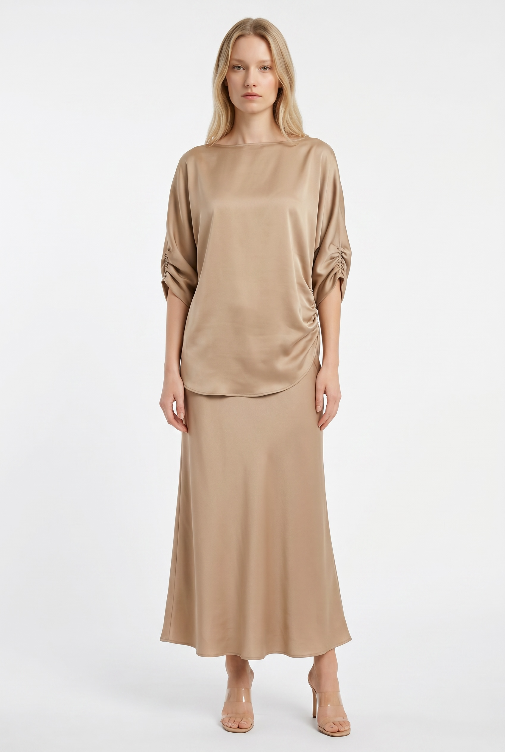 Silk Gathered Sleeve Top & Maxi Skirt Set