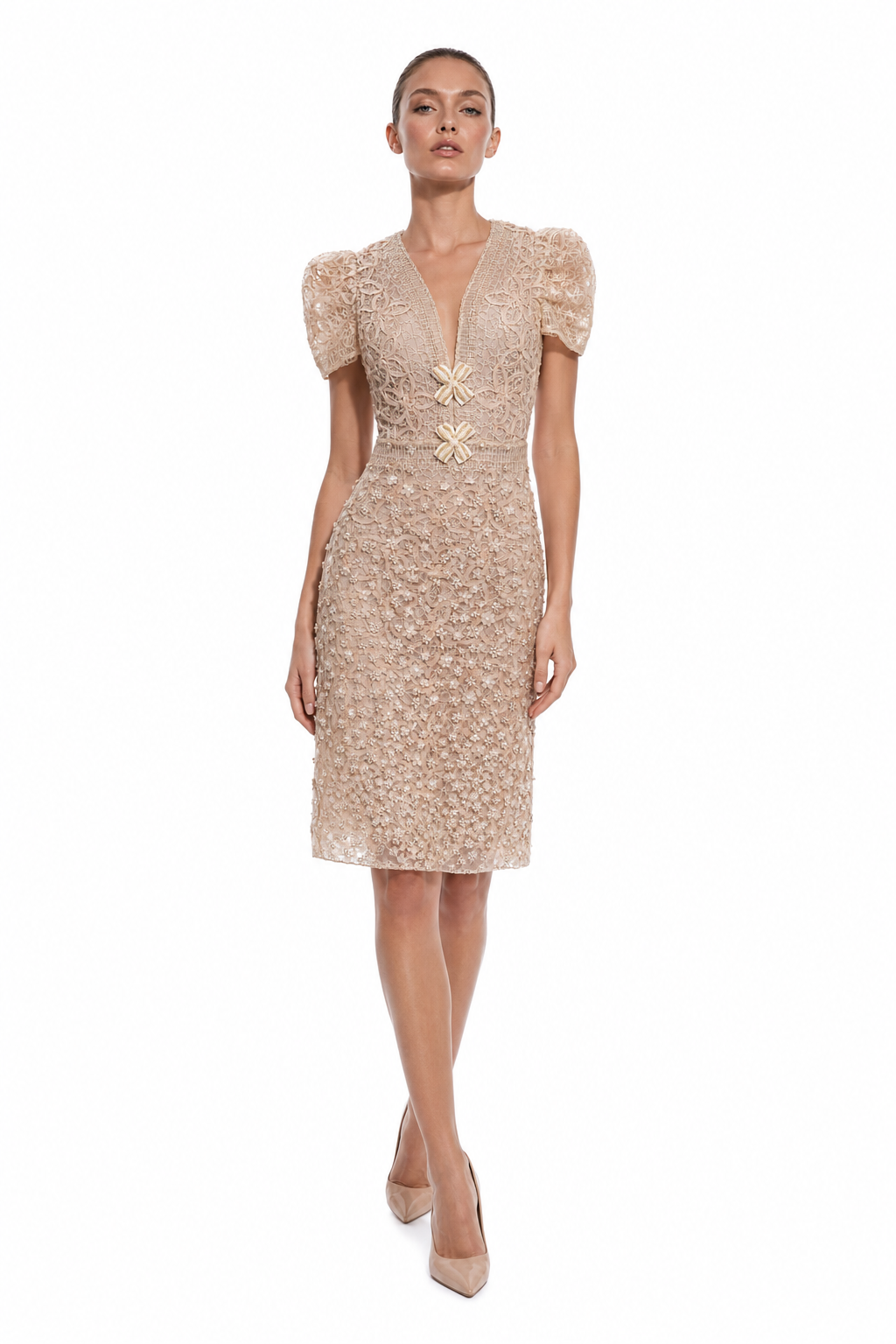 Elara Embroidered Lace Midi Dress