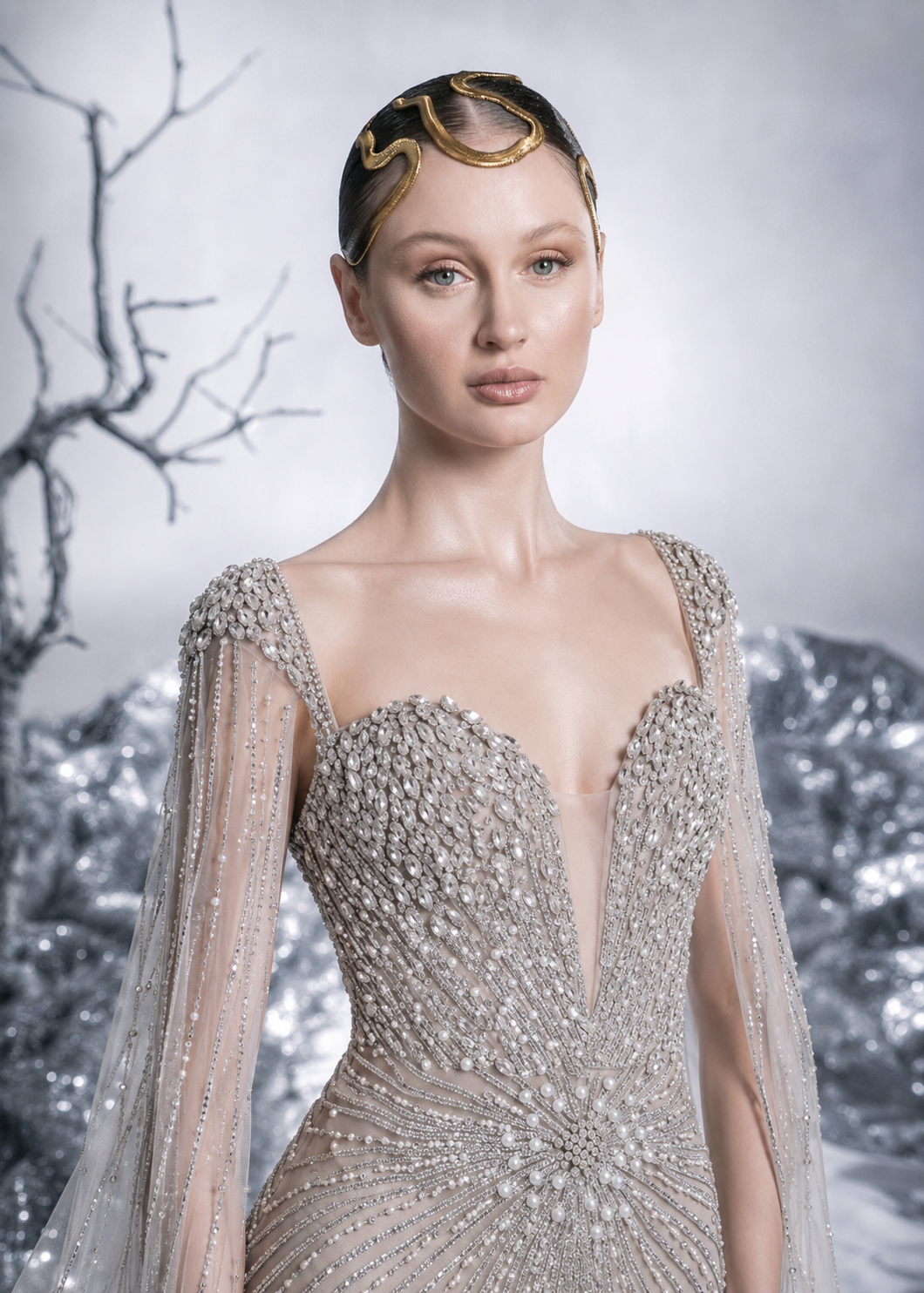 Woman wearing a beaded gown with a headpiece against a snowy background