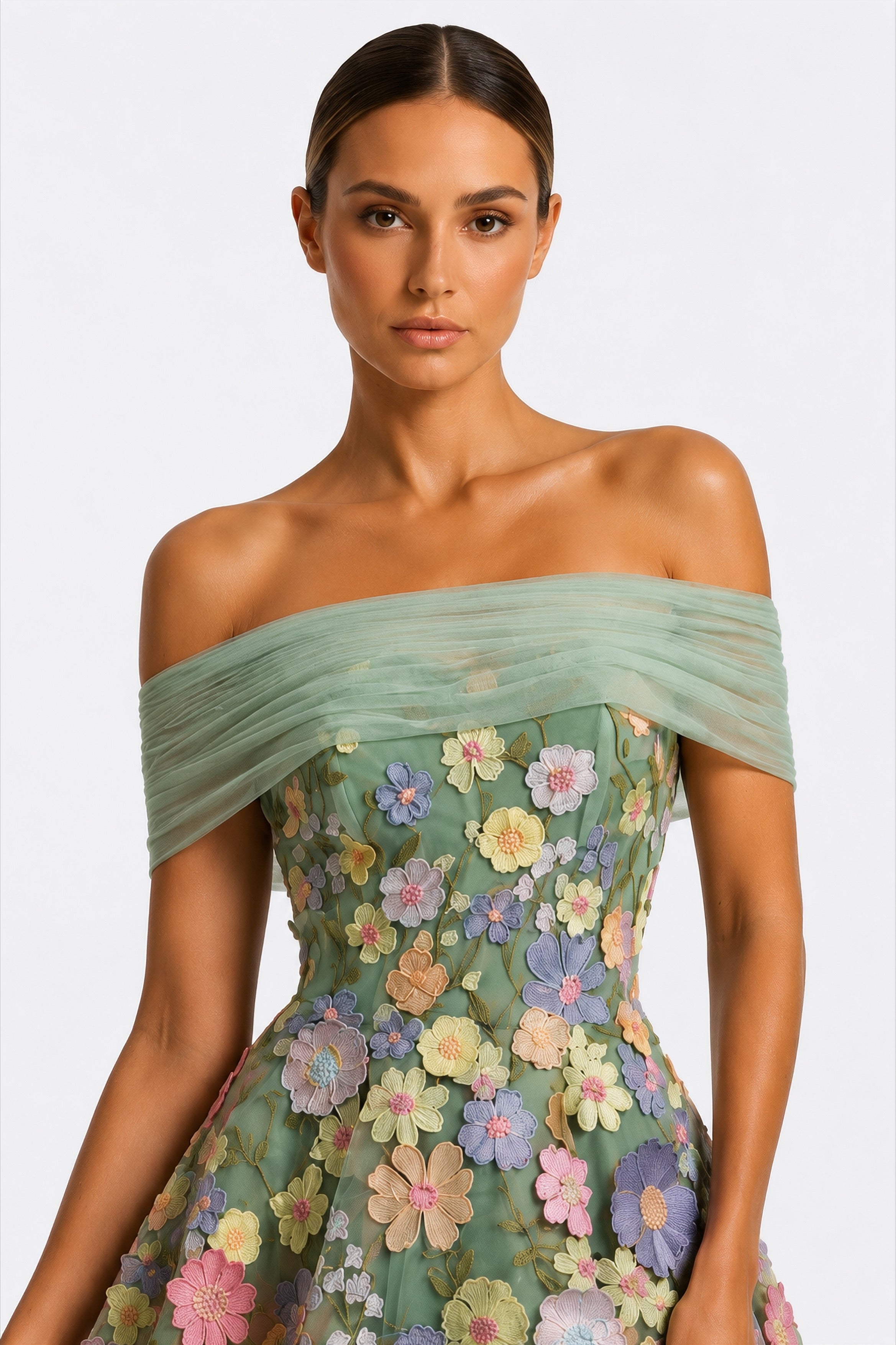Pastel Bloom Off-Shoulder Dress