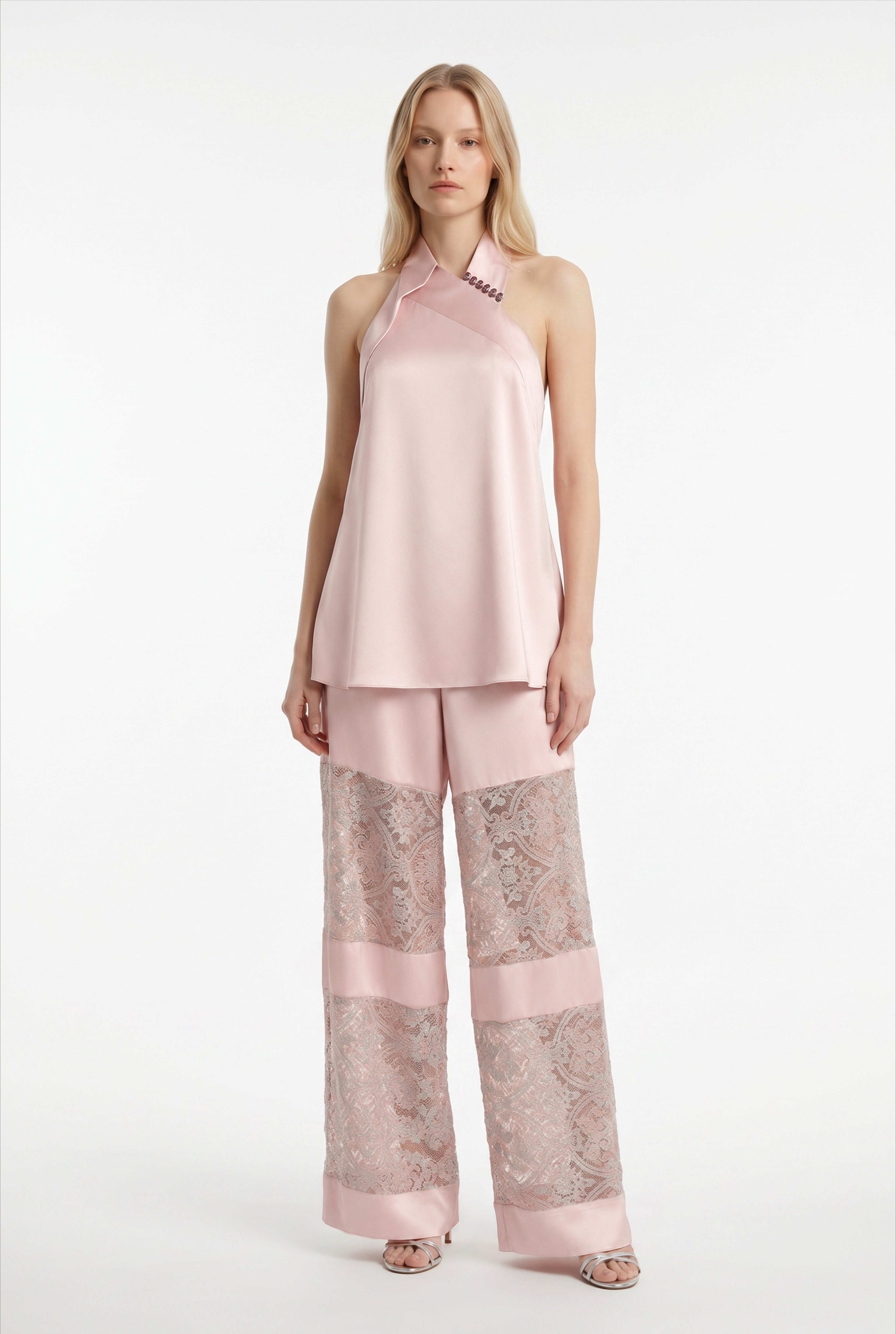 Pink Lace Panel Silk Set