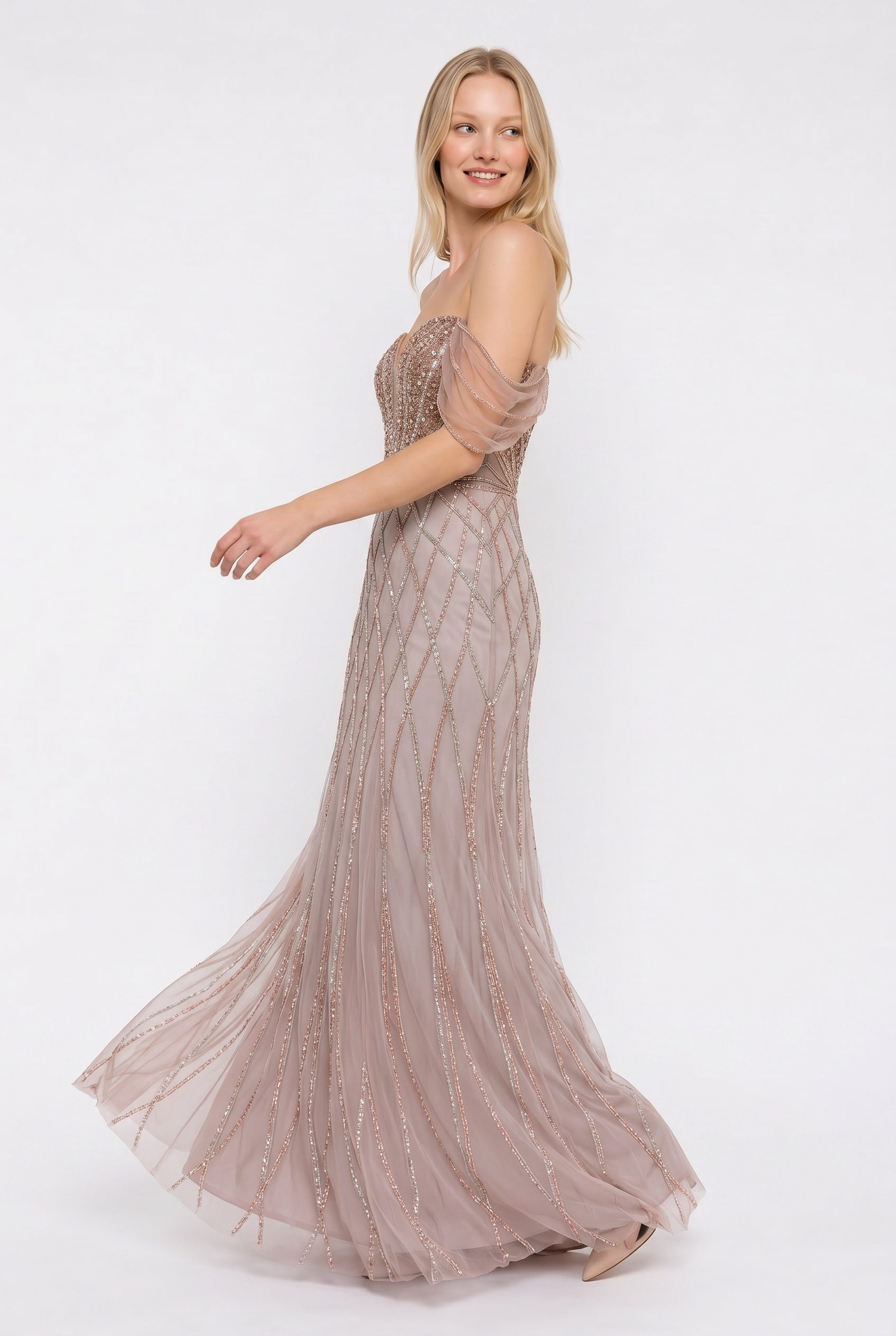 Off Shoulder Embellished Tulle Gown