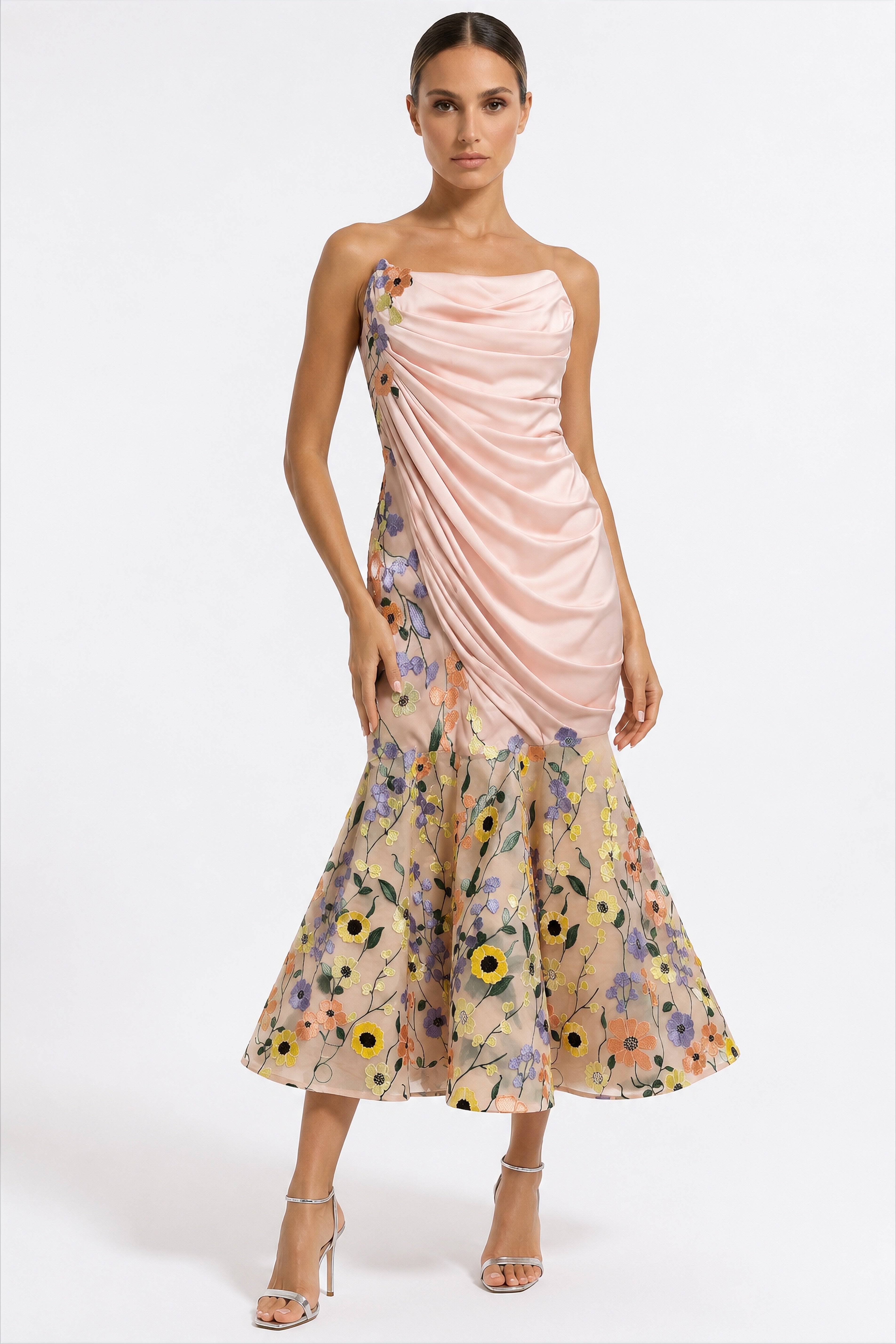 Blush Floral Draped Midi Dress
