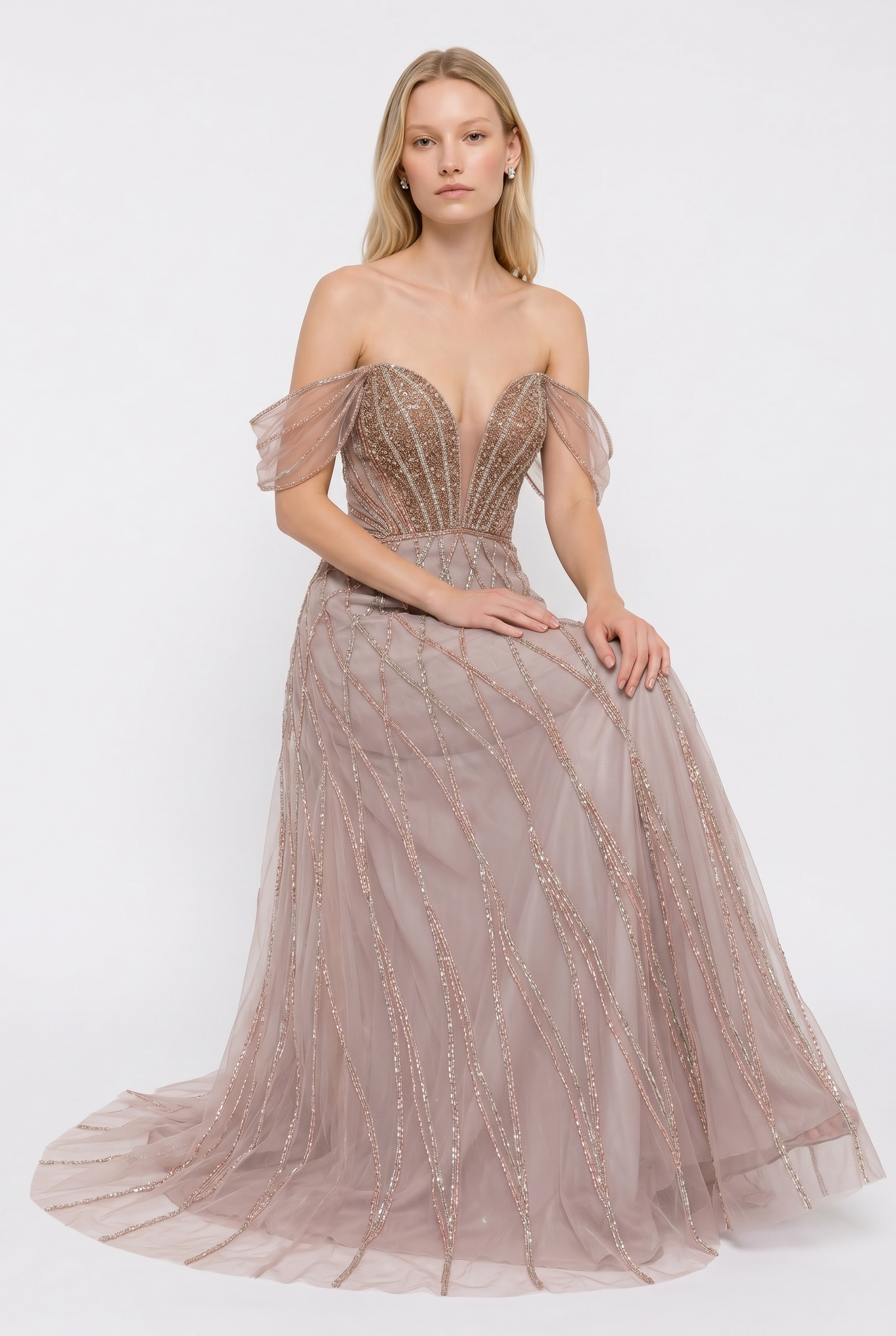 Off Shoulder Embellished Tulle Gown
