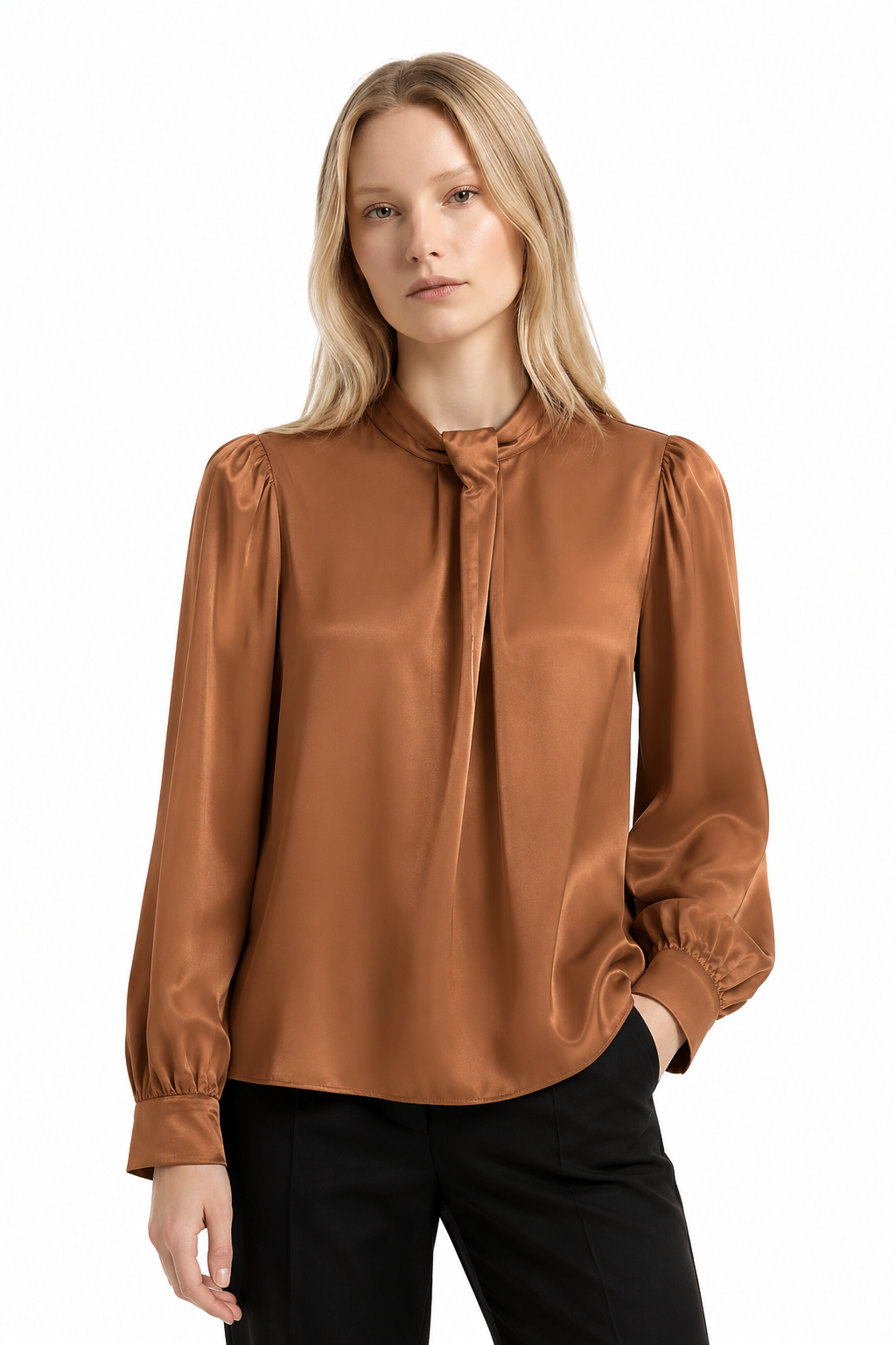 Lustre Tie-Neck Satin Blouse