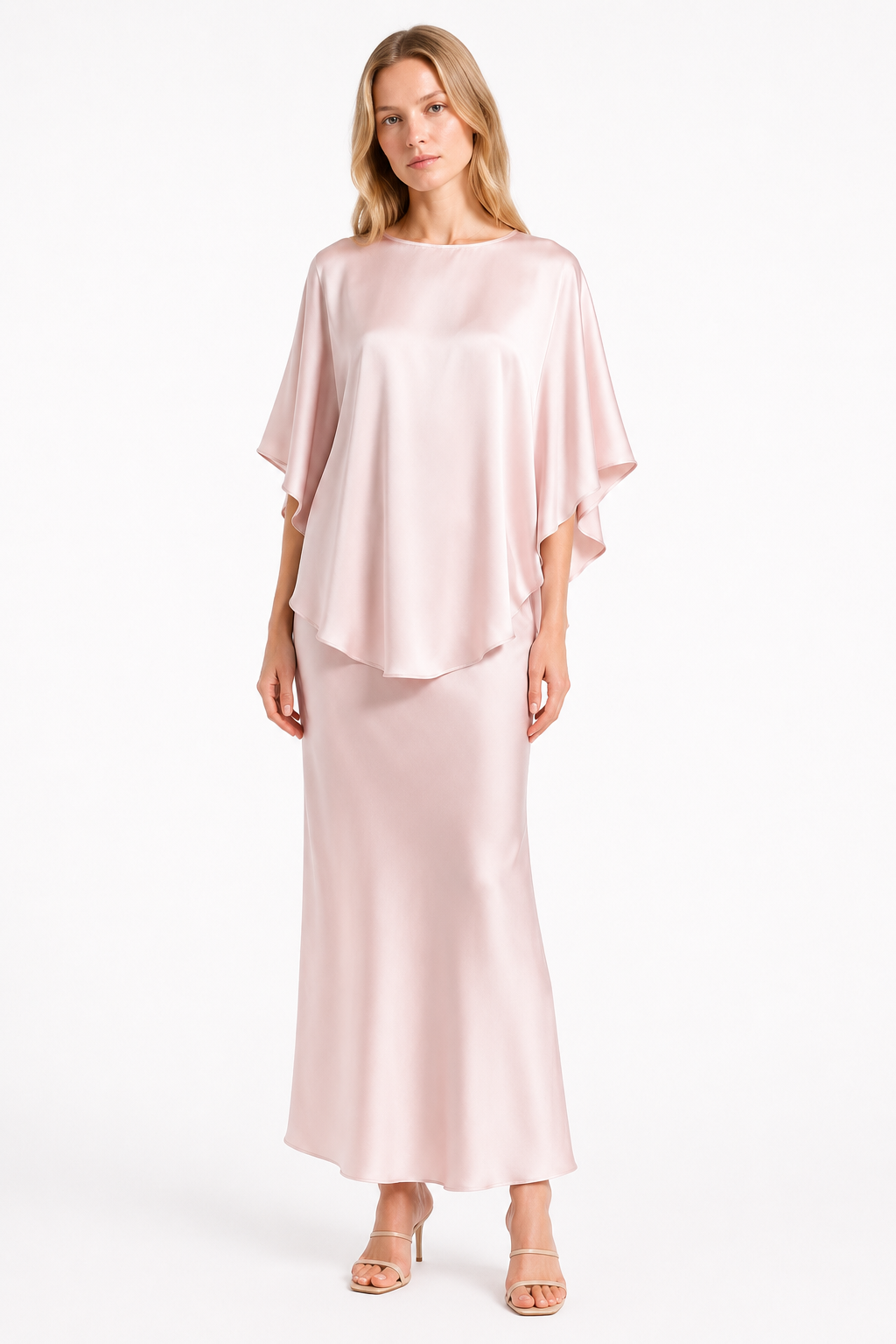 Silk Blush Slip Dress & Cape Set