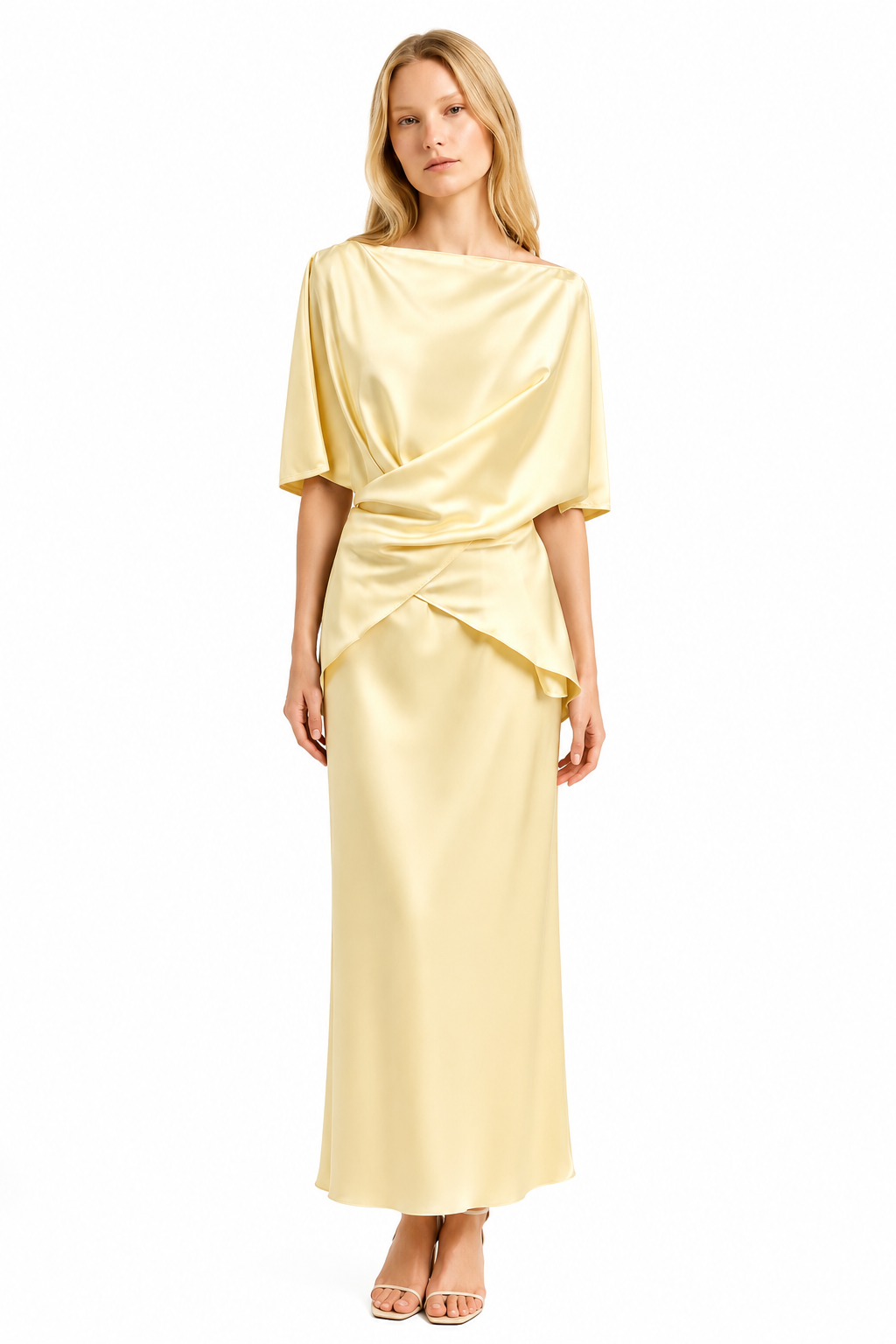 Silk Butter Yellow Draped Top & Skirt Set