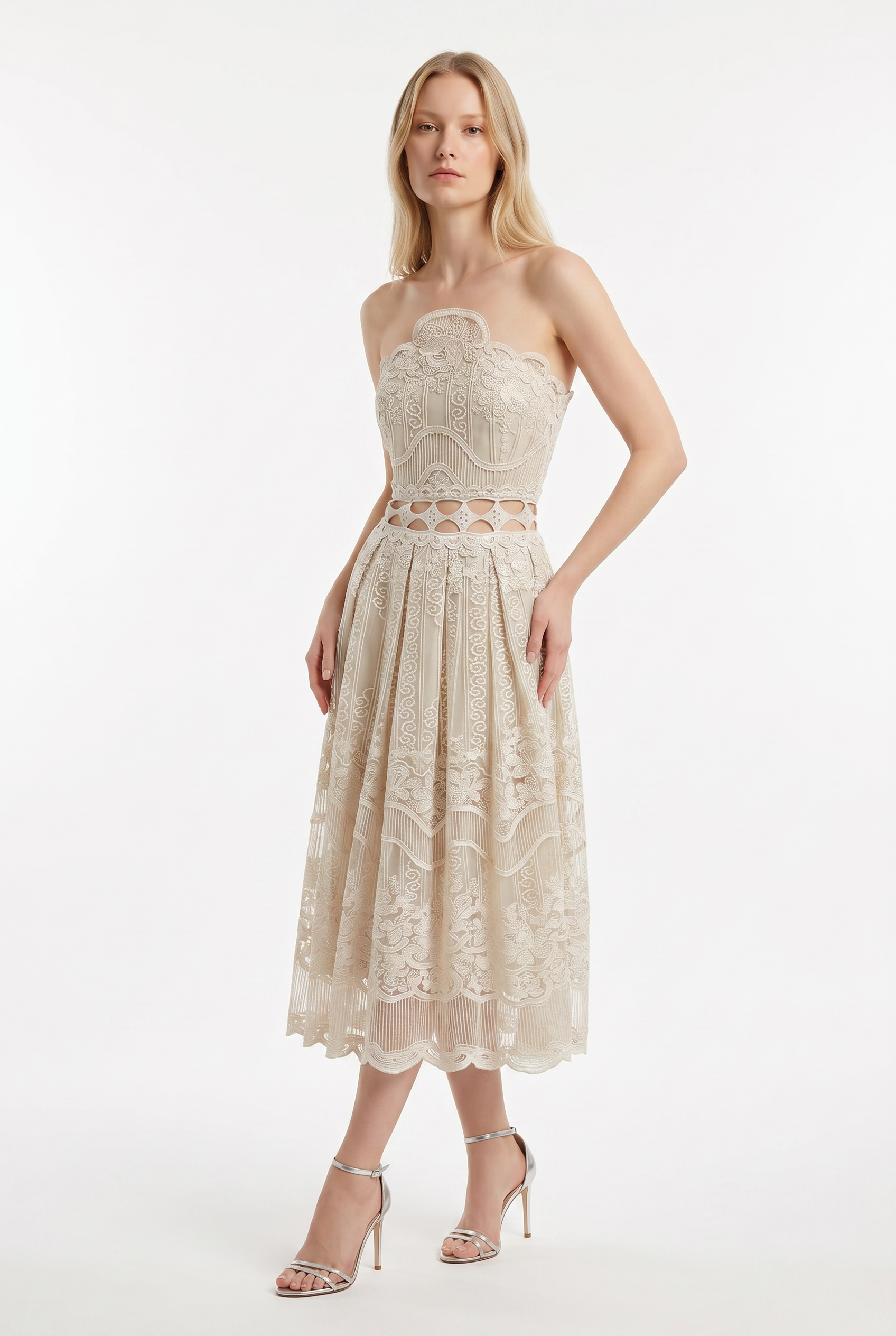 Strapless Embroidered Lace Midi Dress