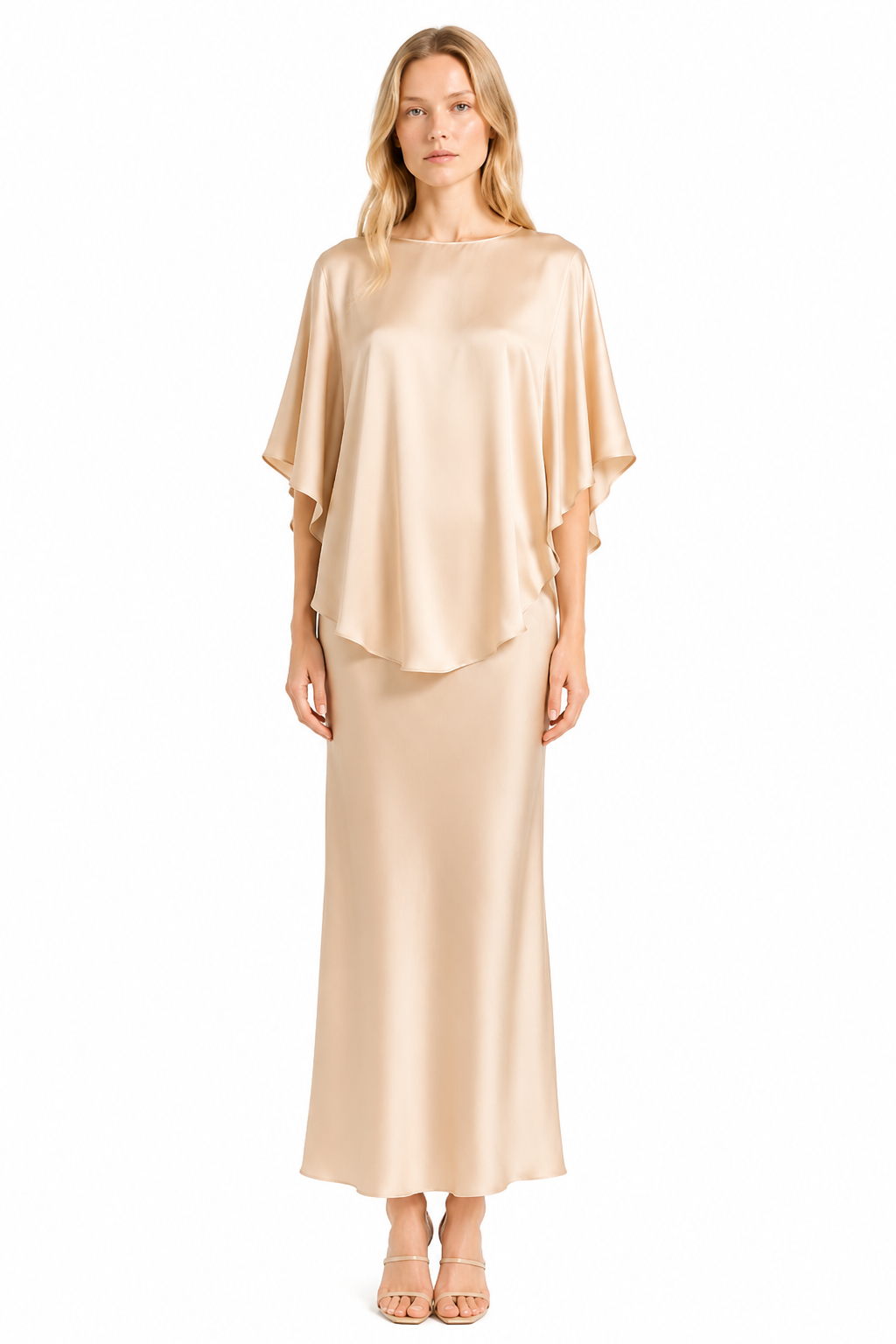 Silk Blush Slip Dress & Cape Set