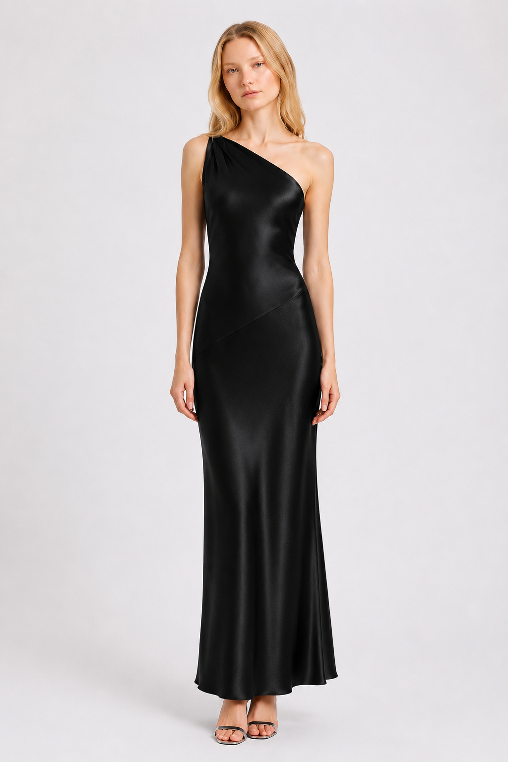 Noir One-Shoulder Premium Satin Gown